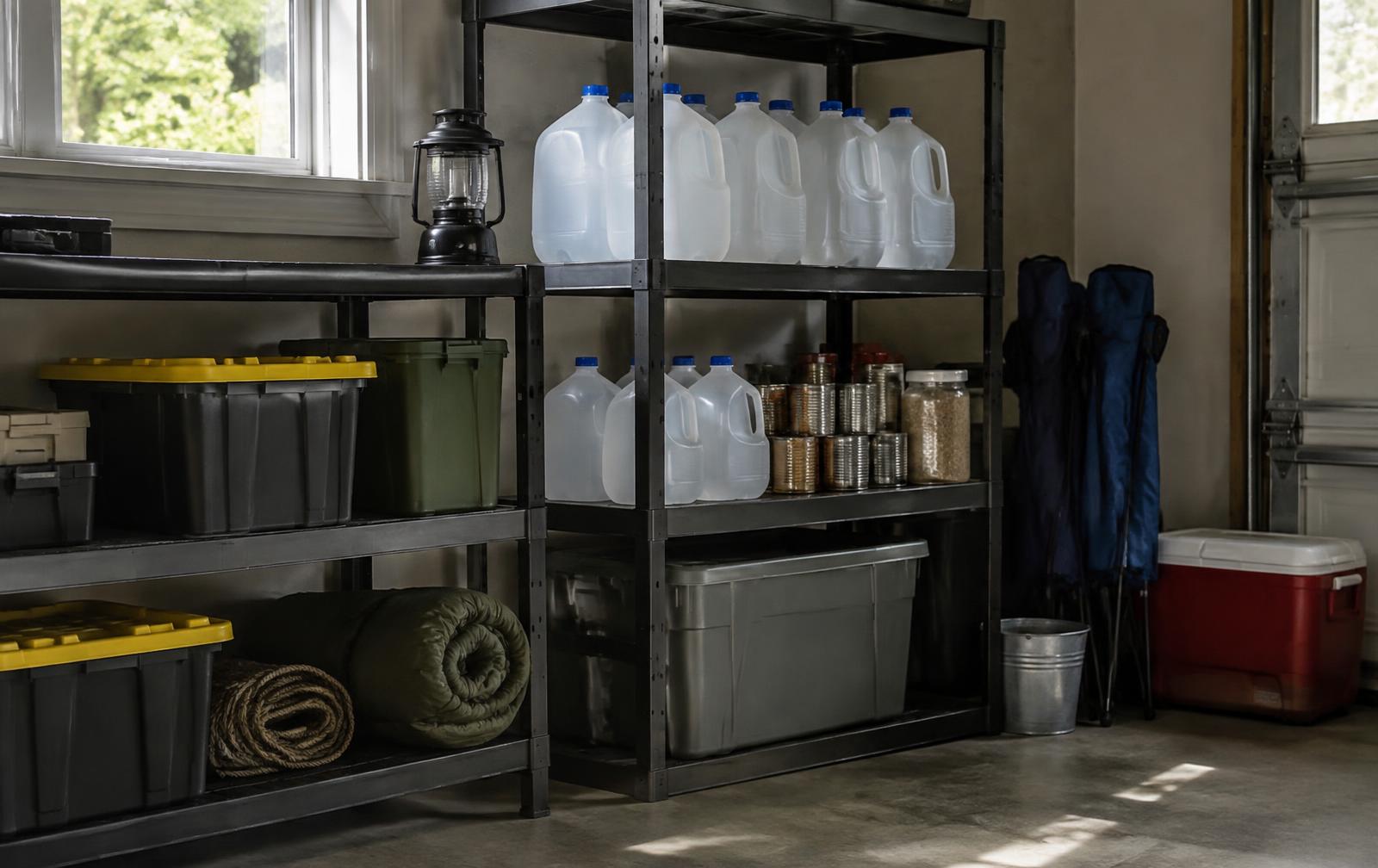 Stored emergency water containers on a home garage shelf