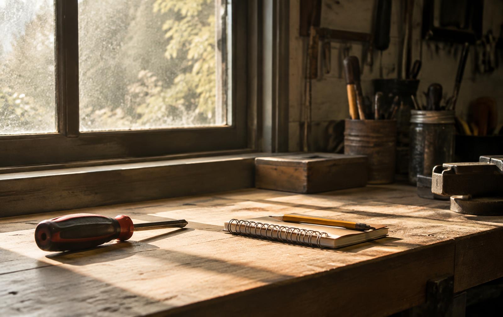 Home workshop table with a screwdriver, notebook and pencil in morning light
